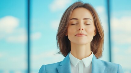 Fototapeta premium Woman in blue suit enjoying peaceful moment outside.