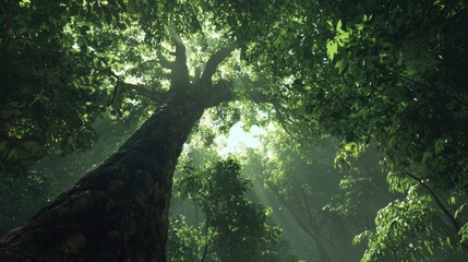 Fototapeta premium Majestic View of Sunlight Filtering Through a Dense Canopy in a Lush Tropical Forest with Vibrant Green Leaves and Ancient Trees in a Serene Environment