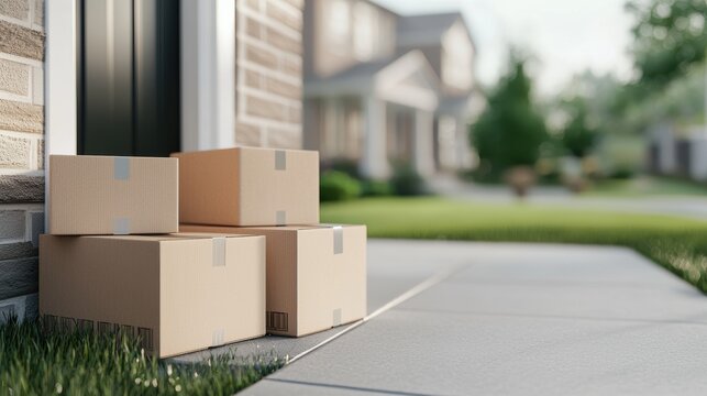 A stack of cardboard boxes sits on a porch, suggesting recent deliveries, with a residential neighborhood visible in the background.