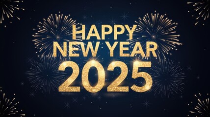 Festive Golden Text Celebrating New Year 2025 with Colorful Fireworks Background