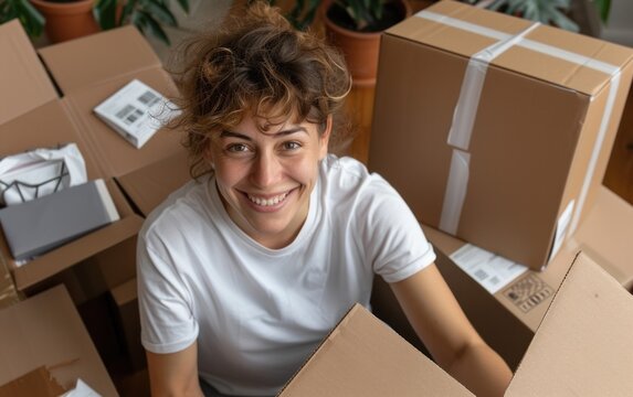 A cheerful person surrounded by cardboard boxes, indicating a recent move or packing activity in a cozy indoor setting.