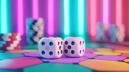 Two white dice show six and one on a vibrant, colorful gaming surface, surrounded by poker chips and illuminated neon lights.