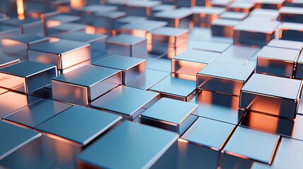 Fototapeta premium Abstract Metallic Blocks with Reflections and Warm Lighting in a 3D Space
