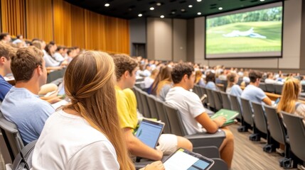 University lecture hall with students watching a projection