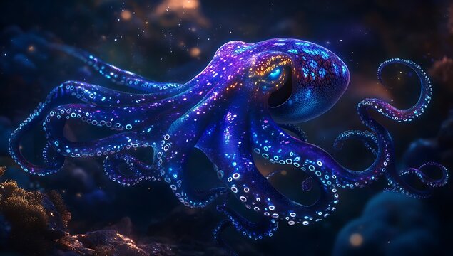 A beautiful cuttlefish, shaped like an octopus with long tentacles that glow in vibrant blue and purple colors
