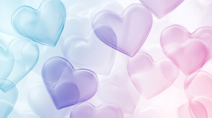A pastel-themed wallpaper with overlapping translucent hearts in soft pink, lilac, and baby blue
