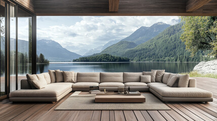 Fototapeta premium A 3D rendering of a luxurious and spacious living room featuring a modern minimalist design. The focal point is a sleek, contemporary sofa placed on a warm wooden floor, inviting relaxation and comfor