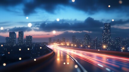 Obraz premium Illuminated Highway Curves Through Modern City with Vibrant Skyline Lights Illustration