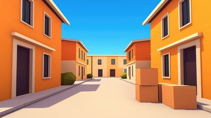 A vibrant, animated street scene featuring orange houses, a sunny blue sky, and cardboard boxes, evoking a cheerful urban atmosphere.