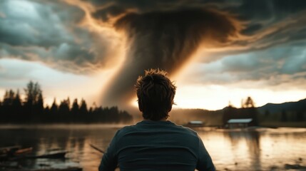 A person stands boldly in front of a massive tornado swirling above a calm lake, representing courage and resilience against the overwhelming forces of nature.