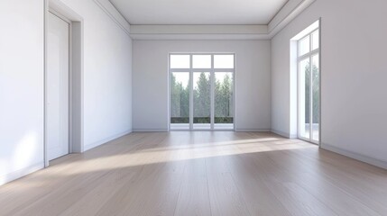 Fototapeta premium A spacious, bright room with large windows, light wooden floors, and white walls, offering a serene view of greenery outside.