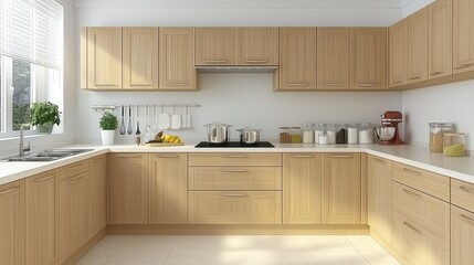 Fototapeta premium Modern Bright Kitchen with Wooden Cabinets and Minimalist Design Elements