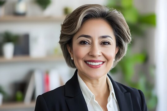 Confident Hispanic Female Executive Smiling in Business Office Portrait