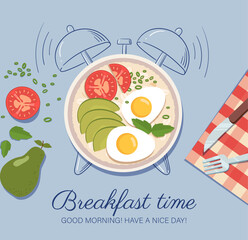 Breakfast time poster. Dish with eggs and vegetables top view. Healthy morning eating. Slices of avocado and tomato. Proper diet and nutrition. Flat vector illustration