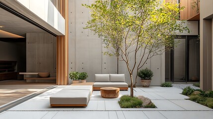Minimalist outdoor space with minimalistic seating and potted plants 