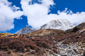 Hiking in one of the most beautiful  Chinese national parks, Five A tourist attractions, Yading Nature Reserve, Sichuan Province, China