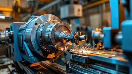 Fototapeta premium Precision metalworking machine with sparks during fabrication process for engineering