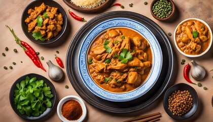 Chicken namkeen karahi korma masala served in dish isolated on background top view of indian spices and pakistani food
