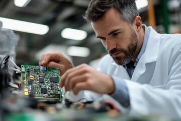 A focused technician inspects advanced circuitry, illustrating the importance of meticulous attention to detail in electronic repairs and innovation in contemporary technology.