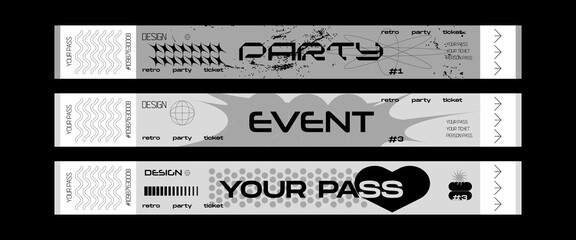 Control ticket bracelets for events, disco, festival, fan zone, party, staff. Vector mockup of a festival bracelet in a futuristic y2k style.