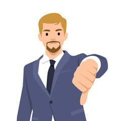 Young business man showing thumbs down sign. Flat vector illustration isolated on white background
