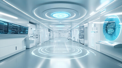 Futuristic laboratory corridor with advanced technology and digital displays in a high-tech setting. Generative AI