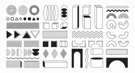 Memphis abstract shapes and forms, geometric flat and 3d figures, sticker set, retro decorative vector graphic elements.