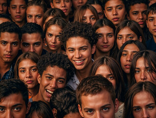 Obraz premium A Group of Serious Teens with Two Laughing in the Center