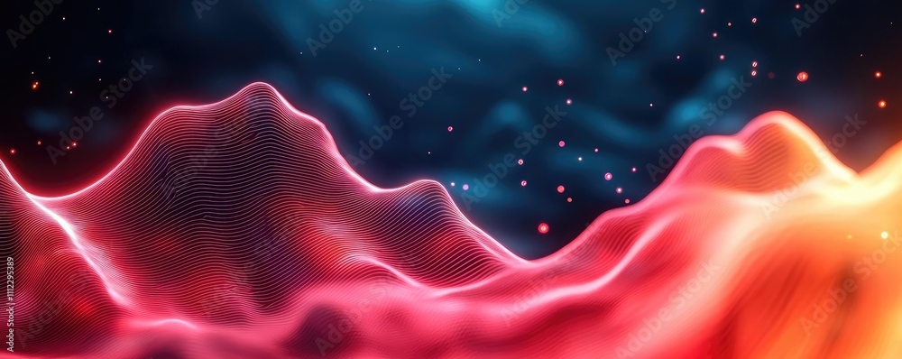 Poster Abstract colorful waves on a dark background with glowing particles.