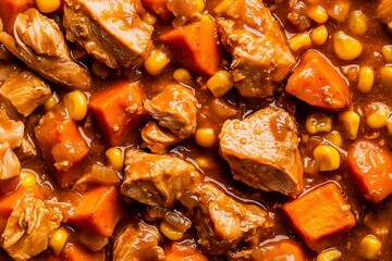 Comforting Turkey Stew with Sweet Potatoes and Corn, Ideal for Depicting Nourishing and Seasonal Comfort Food.