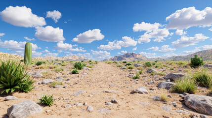 Stunning Desert Landscape with Clear Blue Sky and Rocky Pathway Surrounded by Cacti and Lush Green Foliage Under Beautiful Fluffy Clouds