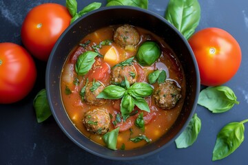 Savory Tomato-Based Meatball Stew with Fresh Basil, Ideal for Showcasing Hearty and Comforting Home-Cooked Meals.
