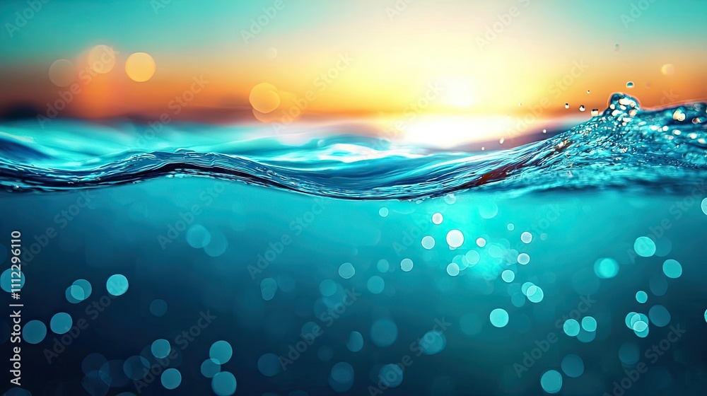 Poster sunset over tranquil water waves with sparkling reflections.