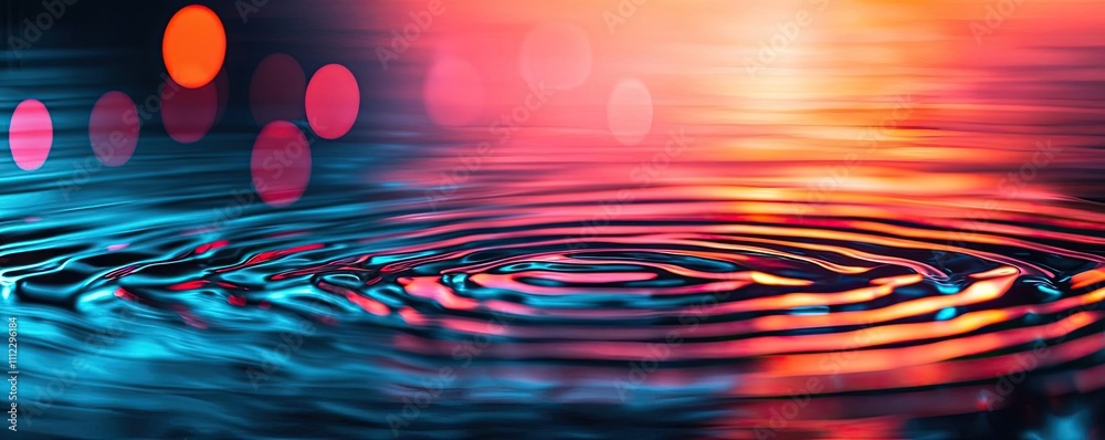 Poster colorful ripples in water with vibrant light reflections and soft bokeh effects.