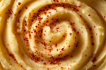 Swirling Mashed Potatoes with Red Chili Flakes, Ideal for Depicting Bold Flavors or Eye-Catching Culinary Sides.