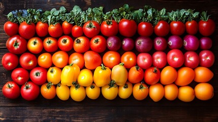 Colorful assortment of fresh tomatoes arranged on a dark wooden surface.