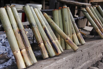 Lemang, a traditional food from South Sumatra, Indonesia, cooked in bamboo slats