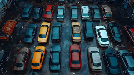 Rainy Day Parking Lot: Cars Parked in Rows, Wet Asphalt