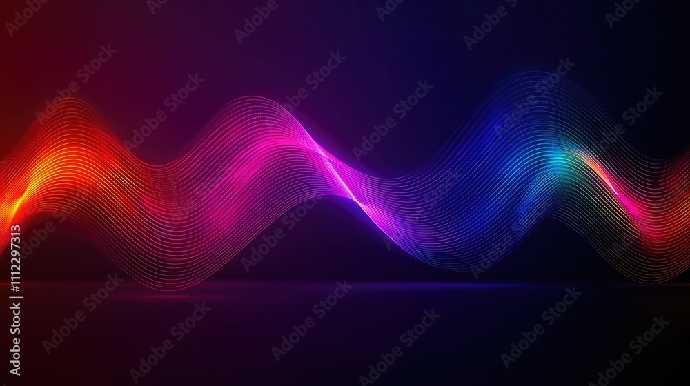 Poster bright wave pattern with vibrant colors on a dark background.