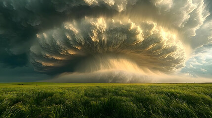 Massive Storm Clouds Over Green Field Dramatic Weather Phenomenon