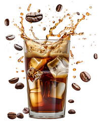 Refreshing Cold Brew Coffee with Ice and Coffee Beans Splashing Isolated on a Transparent Background