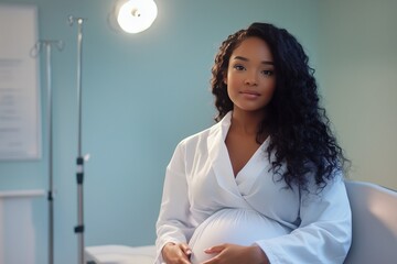 A pregnant Black woman sitting on a doctor's examination chair in a medical office, wearing a white robe, with a calm and composed expression
