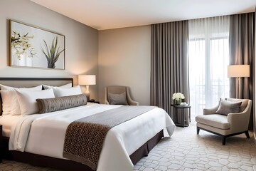 Modern hotel bedroom with elegant and stylish design.