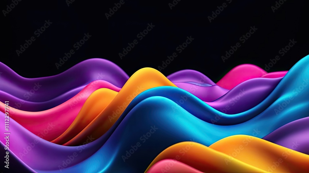 Poster Colorful wave patterns with vibrant hues in smooth flow against a dark background.