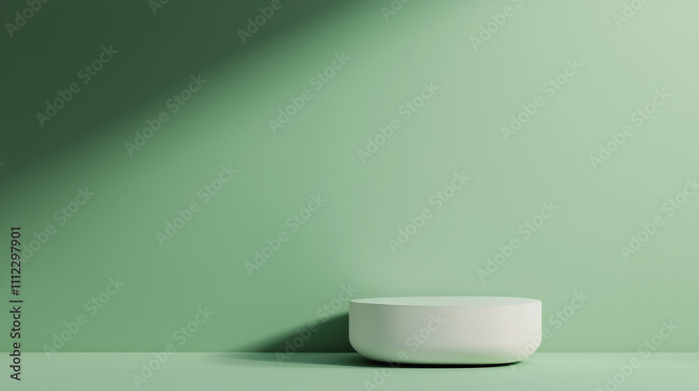 Poster White round pedestal displaying products on green background with shadow effect