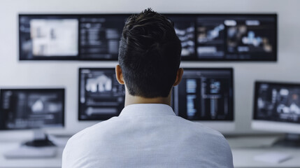 Professional analyzing data on multiple screens in modern office