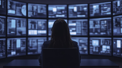 High tech office environment with multiple digital screens and focused individual