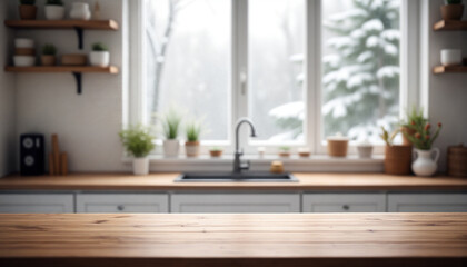 White wooden table on background of blurred kitchen in winter. Image for food blogger, ad campaign, post, banner or billboard. Bg cooking. Cooking in a modern stylish kitchen. Wooden countertop