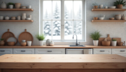 White wooden table on background of blurred kitchen in winter. Image for food blogger, ad campaign, post, banner or billboard. Bg cooking. Cooking in a modern stylish kitchen. Wooden countertop