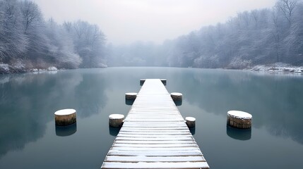 Naklejka premium A snowy bridge over a lake with a foggy sky in the background